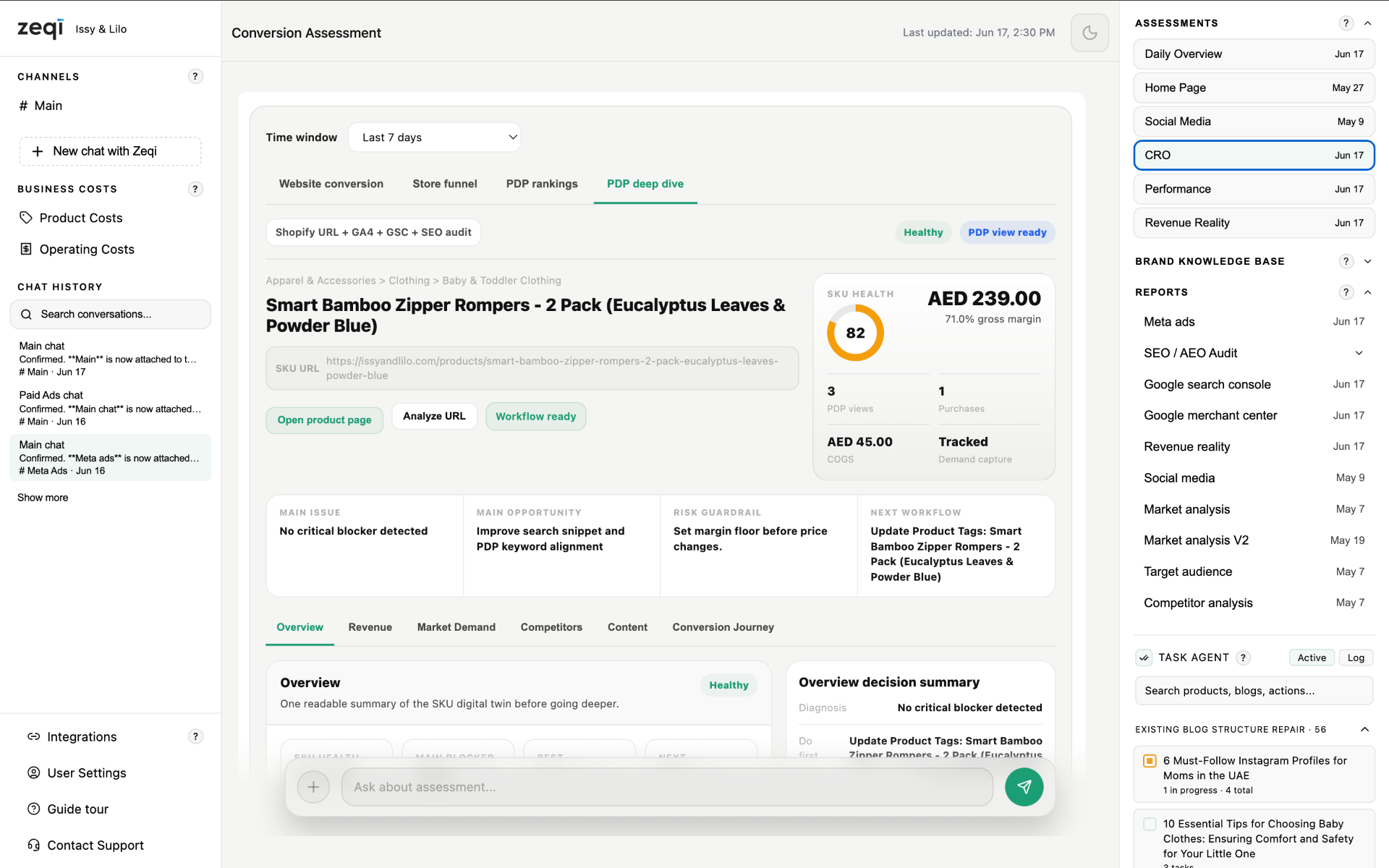 Zeqi product interface showing a conversion assessment for a customer SKU.